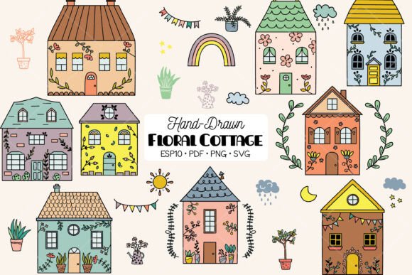 Color Spring Cottage House, Flower Plant: A Hand Drawn Design Bundle