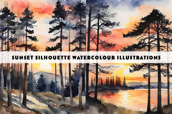 Sunset Silhouette Watercolour Duo Trees: Nature's Artistic Accent